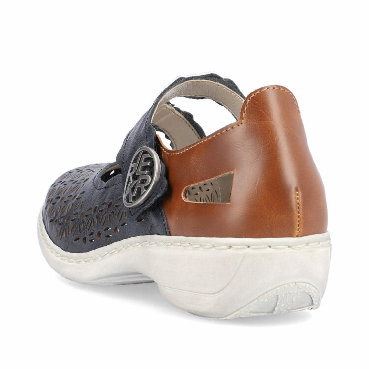 Babies bleu et marron de la marque Rieker. Référence 413G4-14 . Disponible chez Chauss'Family magasin de chaussures à Issoire.