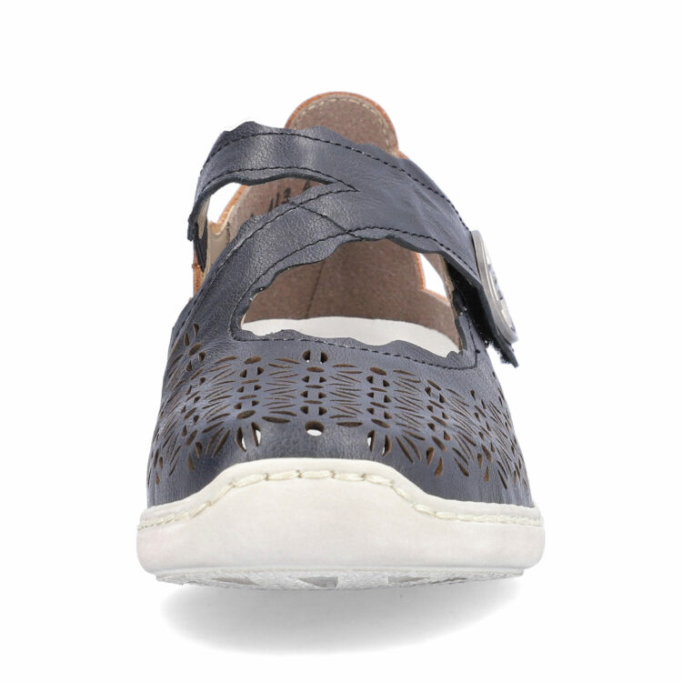 Babies bleu et marron de la marque Rieker. Référence 413G4-14 . Disponible chez Chauss'Family magasin de chaussures à Issoire.