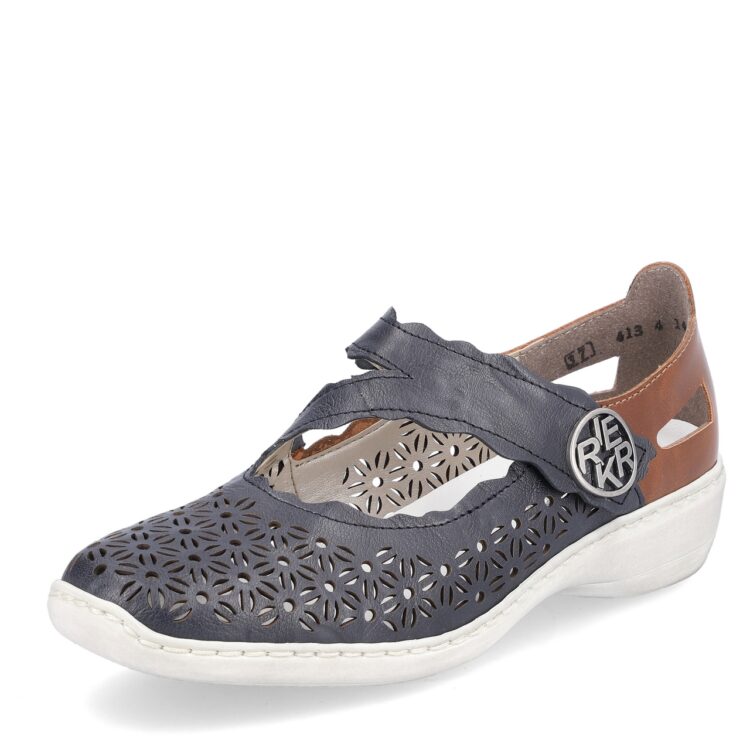 Babies bleu et marron de la marque Rieker. Référence 413G4-14 . Disponible chez Chauss'Family magasin de chaussures à Issoire.