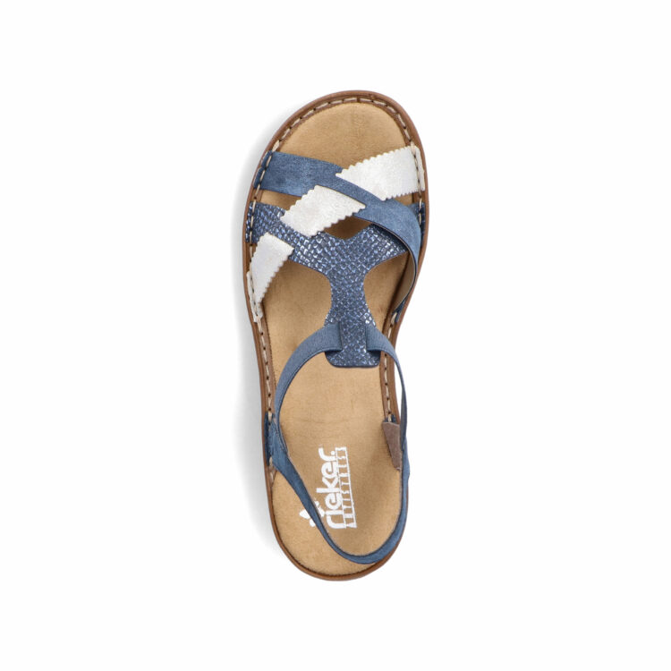 Sandales bleues pour femme de la marque Rieker. Référence : 60879-14 Baltik. Disponible chez Chauss'Family magasin de chaussures à Issoire.