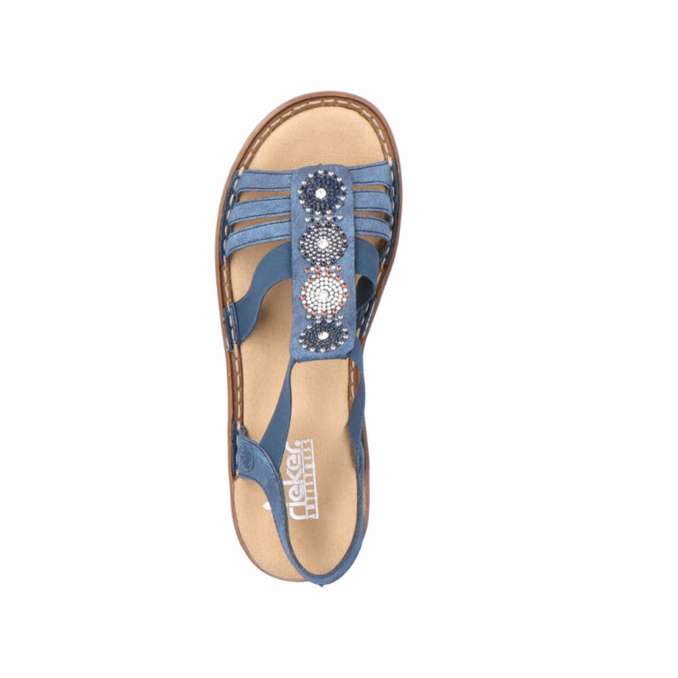 Sandales bleues pour femme de la marque Rieker. Référence : 628G9-16 Baltik. Disponible chez Chauss'Family Issoire.