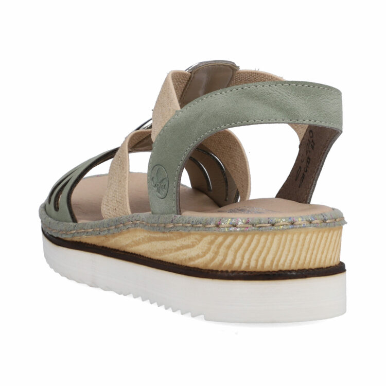 Sandales vertes pour femme de la marque Rieker. Référence : 679L4-52 Pistazie. Disponible chez Chauss'Family magasin de chaussures à Issoire.