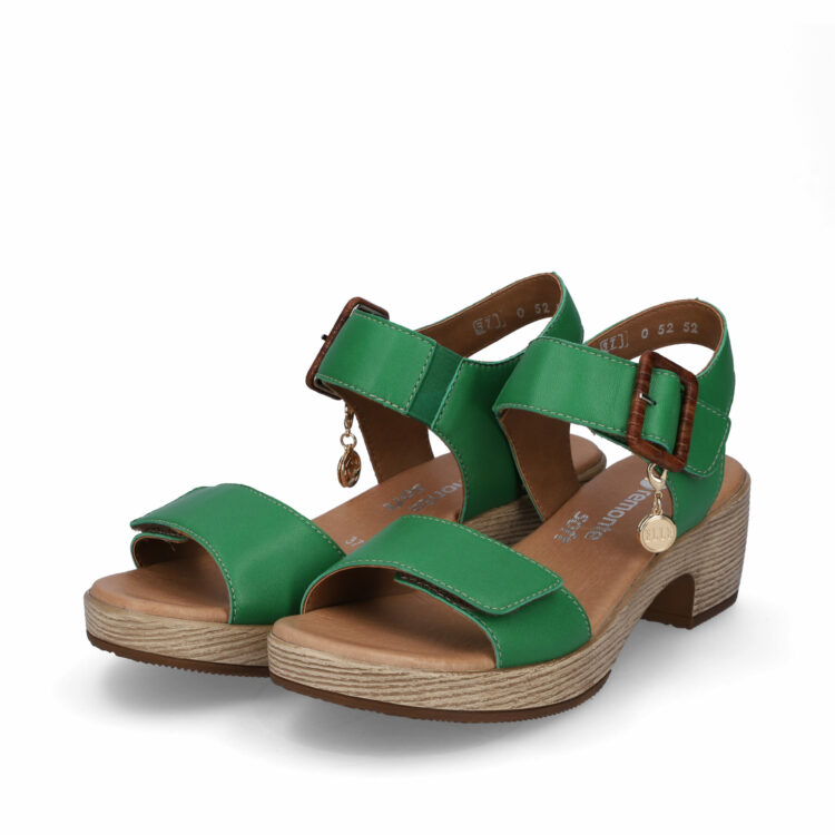 Sandales vertes à talons pour femme de la marque Remonte. Référence : D0N52-52 Applegreen. Disponible chez Chauss'Family magasin de chaussures à Issoire.