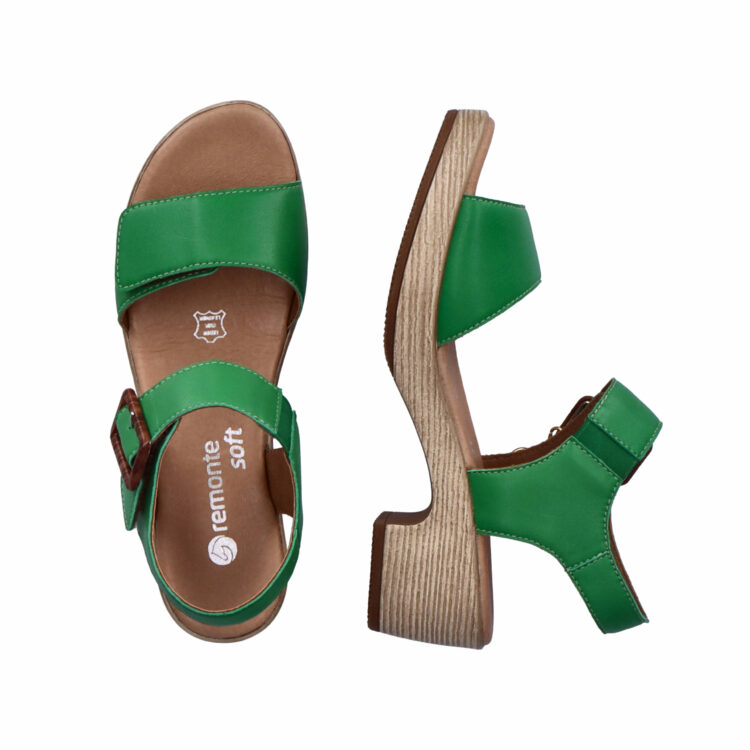 Sandales vertes à talons pour femme de la marque Remonte. Référence : D0N52-52 Applegreen. Disponible chez Chauss'Family magasin de chaussures à Issoire.