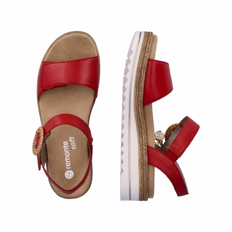 Sandales rouges pour femme de la marque Remonte. Référence : D0Q52-33 Flamme. Disponible chez Chauss'Family magasin de chaussures à Issoire.