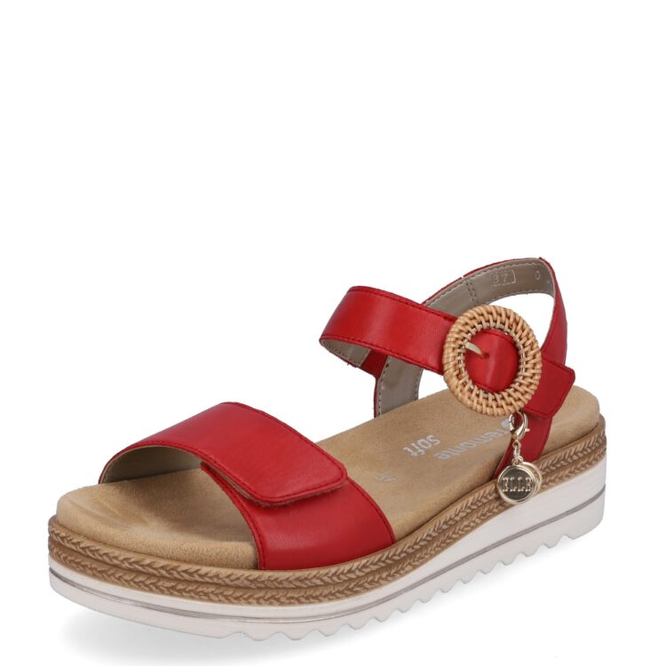 Sandales rouges pour femme de la marque Remonte. Référence : D0Q52-33 Flamme. Disponible chez Chauss'Family magasin de chaussures à Issoire.