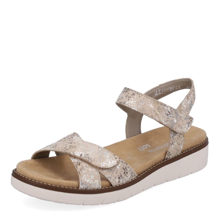 Sandales beiges pour femme de la marque Remonte. Référence : D2049-62 Beige Metallic. Disponible chez Chauss'Family magasin de chaussures à Issoire.