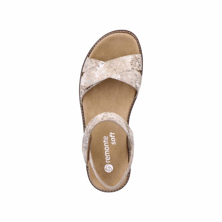 Sandales beiges pour femme de la marque Remonte. Référence : D2049-62 Beige Metallic. Disponible chez Chauss'Family magasin de chaussures à Issoire.