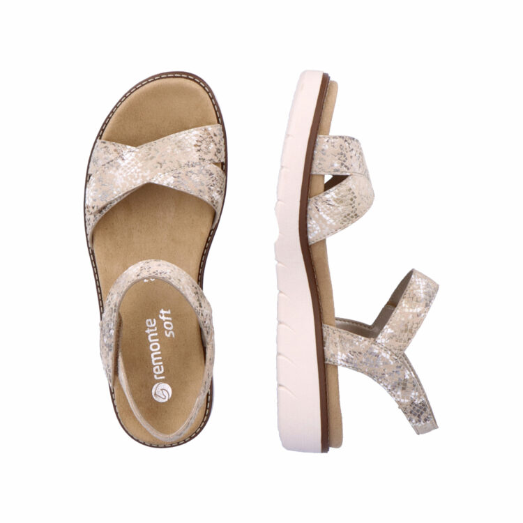 Sandales beiges pour femme de la marque Remonte. Référence : D2049-62 Beige Metallic. Disponible chez Chauss'Family magasin de chaussures à Issoire.