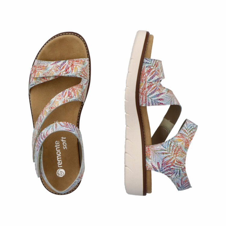 Sandales multicolores pour femme de la marque Remonte. Référence : D2050-92 Weiss Multi. Disponible chez Chauss'Family magasin de chaussures à Issoire.