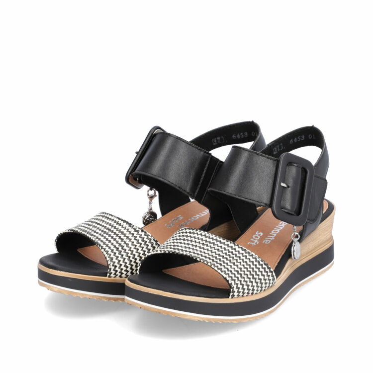 Sandales noires compensées pour femme de la marque Remonte. Référence : D6453-01 Schwarz. Disponible chez Chauss'Family magasin de chaussures à Issoire.