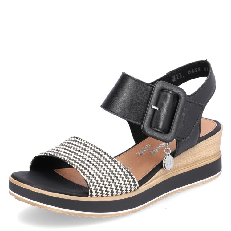 Sandales noires compensées pour femme de la marque Remonte. Référence : D6453-01 Schwarz. Disponible chez Chauss'Family magasin de chaussures à Issoire.