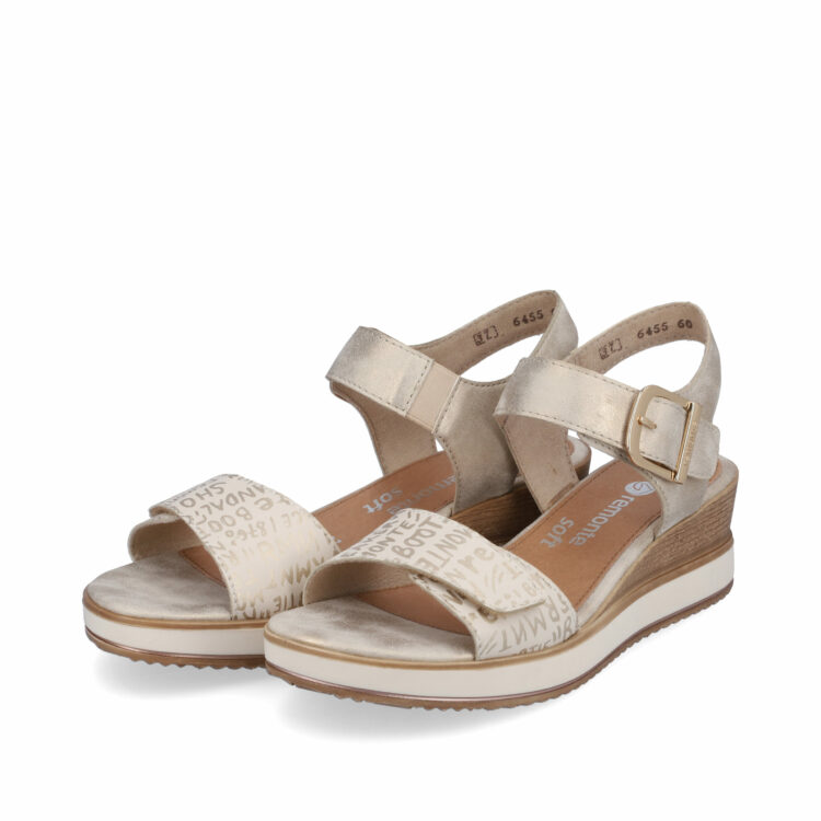 Sandales beiges compensées pour femme de la marque Remonte. Référence : D6455-60 Porzellan. Disponible chez Chauss'Family magasin de chaussures à Issoire.