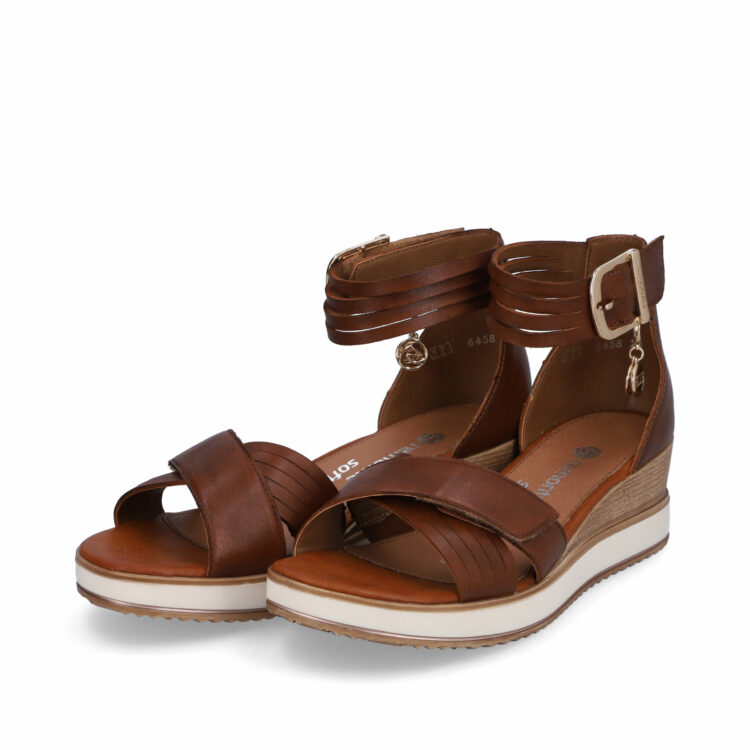 Sandales marron compensées pour femme de la marque Remonte. Référence : D6458-24 Muskat. Disponible chez Chauss'Family magasin de chaussures à Issoire.