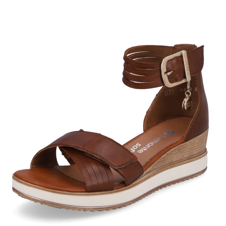 Sandales marron compensées pour femme de la marque Remonte. Référence : D6458-24 Muskat. Disponible chez Chauss'Family magasin de chaussures à Issoire.