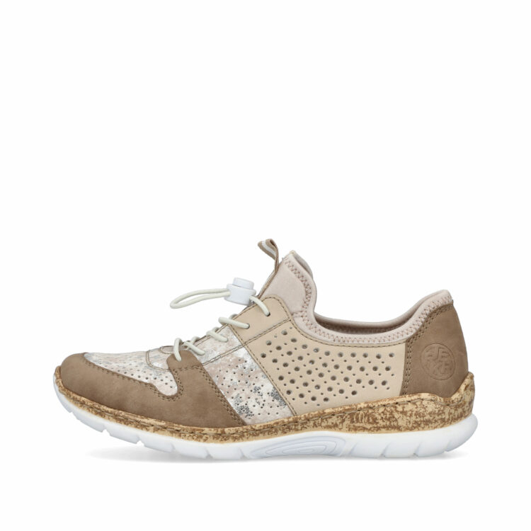 Baskets élastiquées pour femme marque Rieker. Référence N4255-60 Light gold. Disponible chez Chauss'Family magasin de chaussures à Issoire.