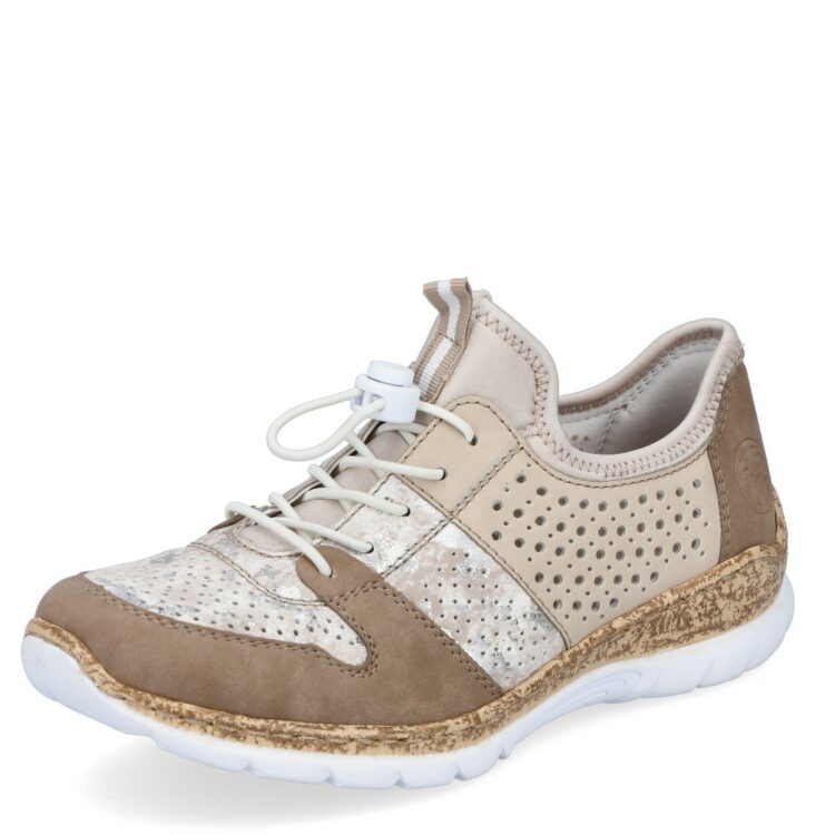 Baskets élastiquées pour femme marque Rieker. Référence N4255-60 Light gold. Disponible chez Chauss'Family magasin de chaussures à Issoire.