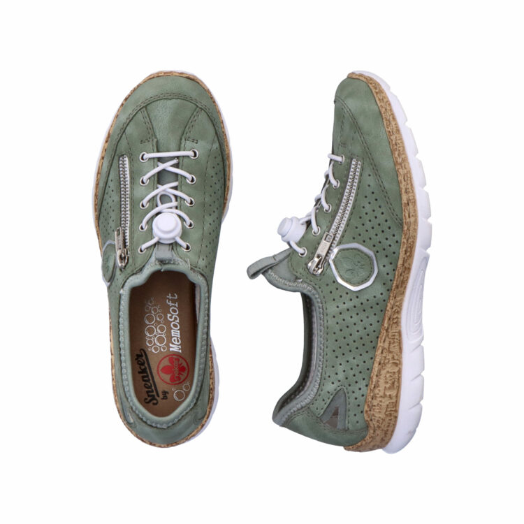 Baskets élastiquées pour femme marque Rieker. Référence N42V1-52 Mint. Disponible chez Chauss'Family magasin de chaussures à Issoire.