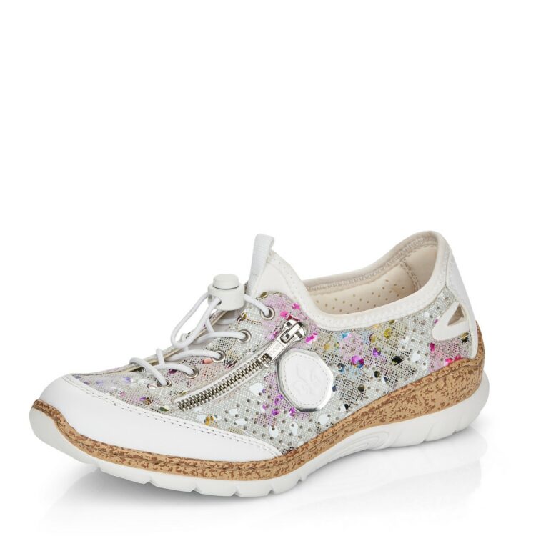 Baskets élastiquées pour femme marque Rieker. Référence N42V1-90 Weiss. Disponible chez Chauss'Family magasin de chaussures à Issoire.