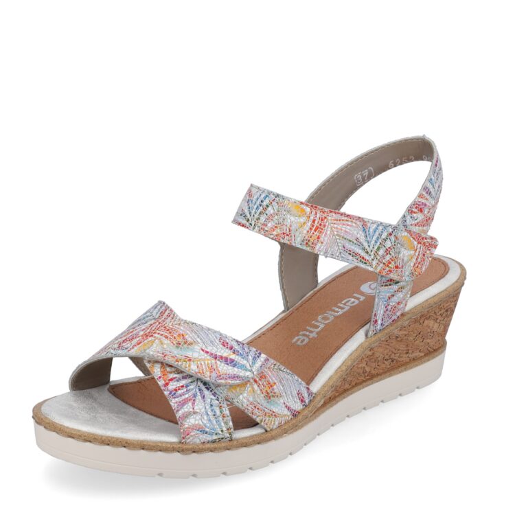 Sandales multicolores compensées pour femme de la marque Remonte. Référence : R6252-90 Multi. Disponible chez Chauss'Family magasin de chaussures à Issoire.