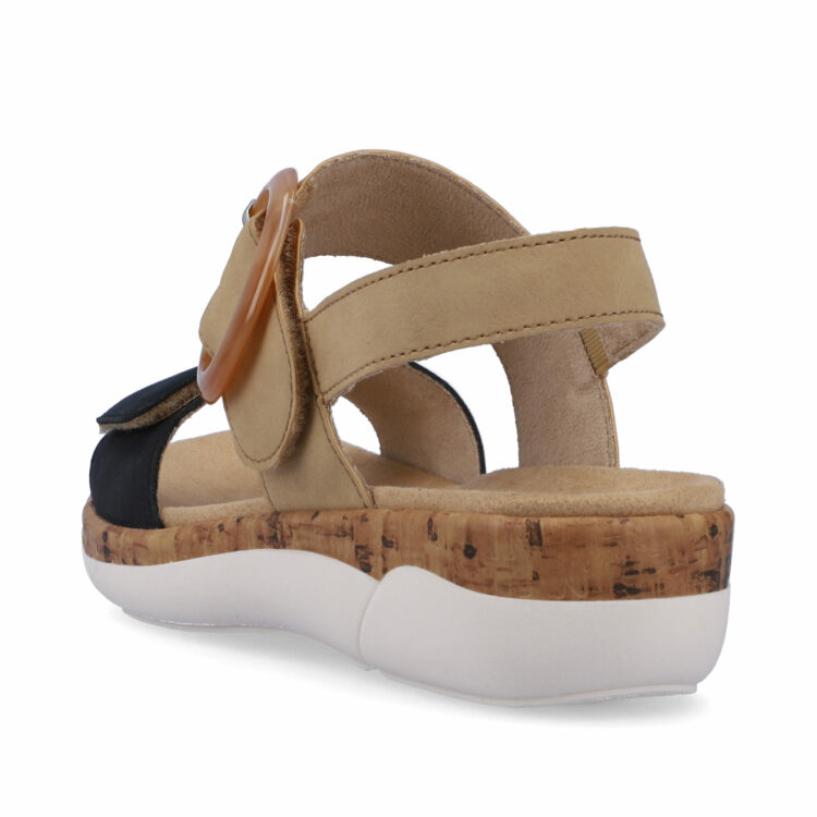 Sandales beige et bleu marine pour femme de la marque Remonte. Référence : R6853-60 Pazifik/Sand. Disponible chez Chauss'Family magasin de chaussures à Issoire.