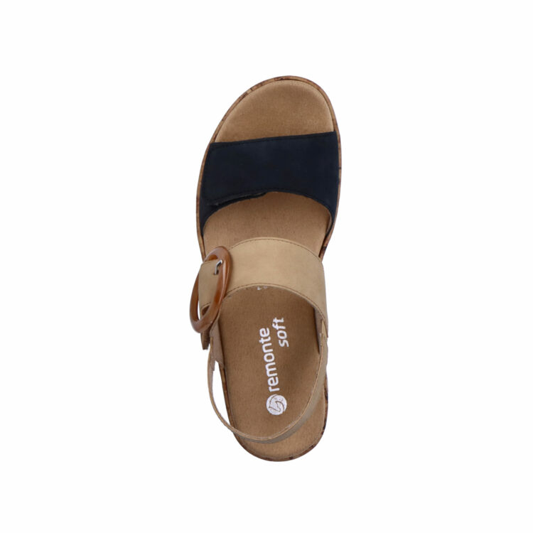 Sandales beige et bleu marine pour femme de la marque Remonte. Référence : R6853-60 Pazifik/Sand. Disponible chez Chauss'Family magasin de chaussures à Issoire.