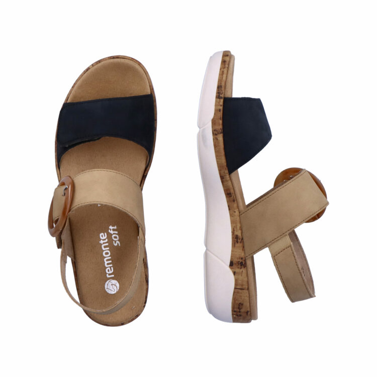 Sandales beige et bleu marine pour femme de la marque Remonte. Référence : R6853-60 Pazifik/Sand. Disponible chez Chauss'Family magasin de chaussures à Issoire.