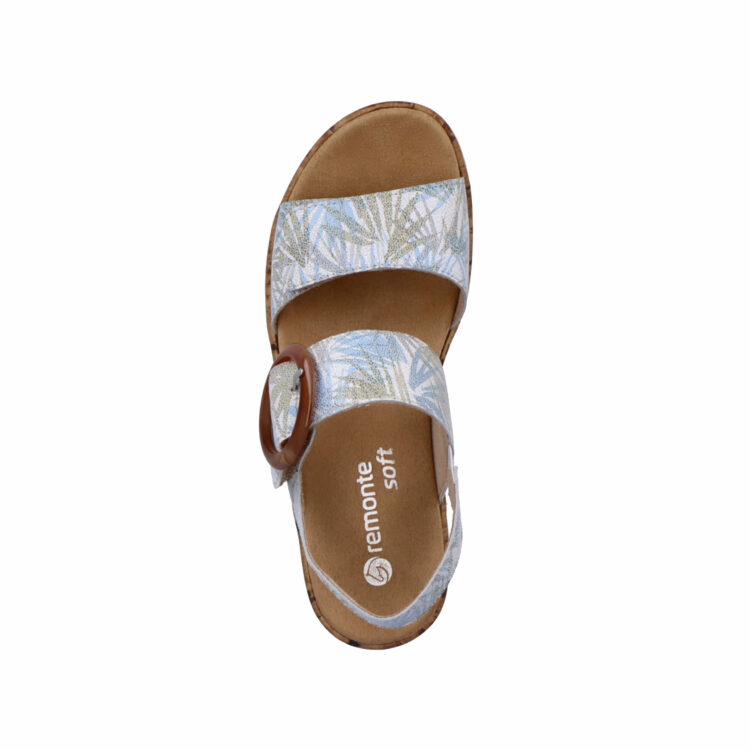 Sandales motif feuilles pour femme de la marque Remonte. Référence : R6853-92 Weiss Blau. Disponible chez Chauss'Family magasin de chaussures à Issoire.