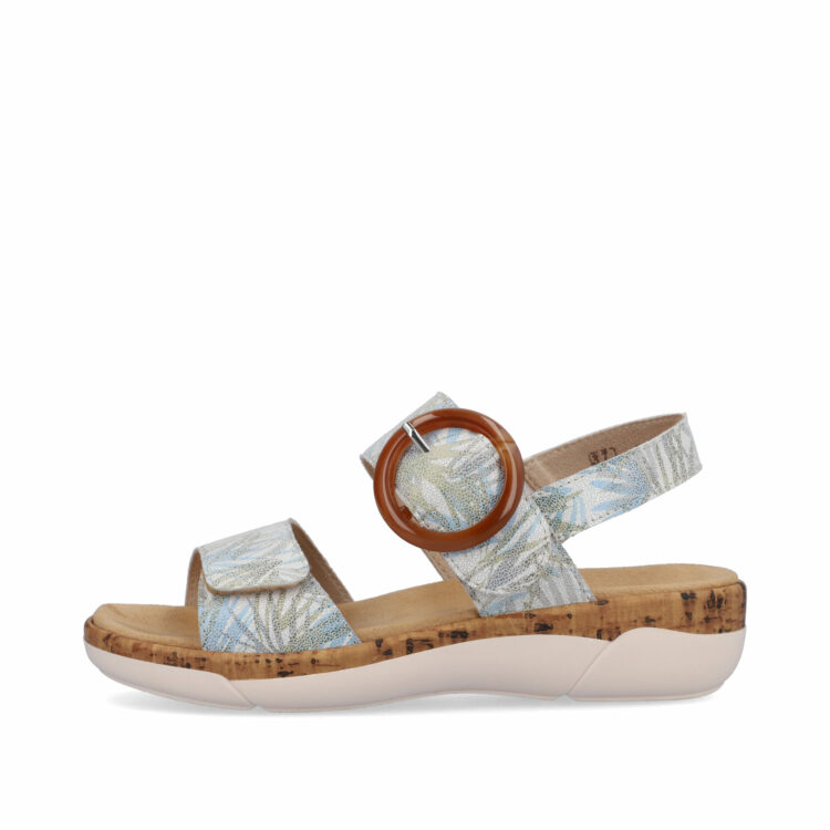 Sandales motif feuilles pour femme de la marque Remonte. Référence : R6853-92 Weiss Blau. Disponible chez Chauss'Family magasin de chaussures à Issoire.