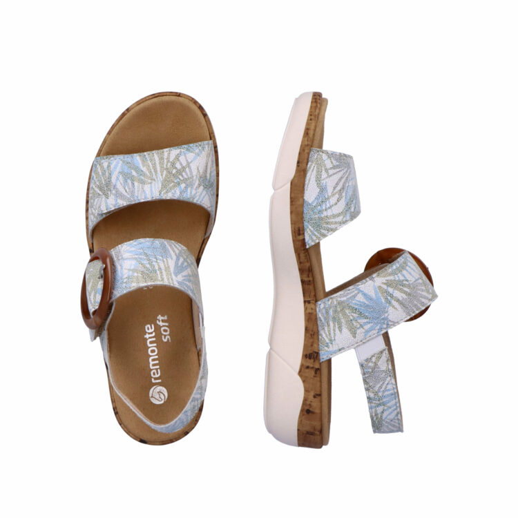 Sandales motif feuilles pour femme de la marque Remonte. Référence : R6853-92 Weiss Blau. Disponible chez Chauss'Family magasin de chaussures à Issoire.