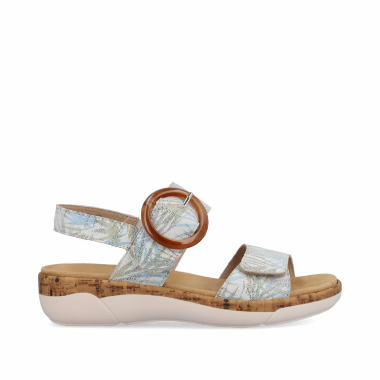 Sandales motif feuilles pour femme de la marque Remonte. Référence : R6853-92 Weiss Blau. Disponible chez Chauss'Family magasin de chaussures à Issoire.