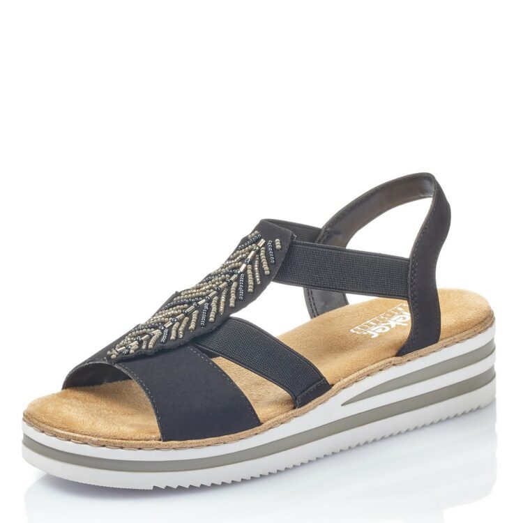 Sandales noires pour femme de la marque Rieker. Référence : V02C1-00 Noir. Disponible chez Chauss'Family magasin de chaussures à Issoire.