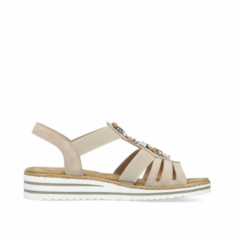 Sandales beiges pour femme de la marque Rieker. Référence : V0649-62 Ginger. Disponible chez Chauss'Family magasin de chaussures à Issoire.