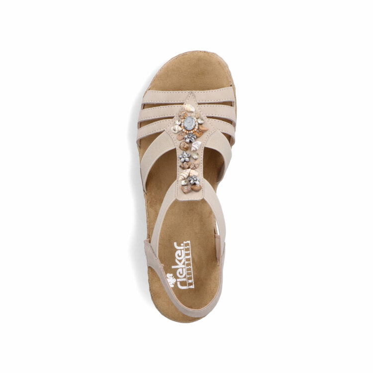 Sandales beiges pour femme de la marque Rieker. Référence : V0649-62 Ginger. Disponible chez Chauss'Family magasin de chaussures à Issoire.