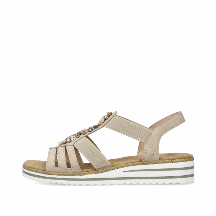 Sandales beiges pour femme de la marque Rieker. Référence : V0649-62 Ginger. Disponible chez Chauss'Family magasin de chaussures à Issoire.