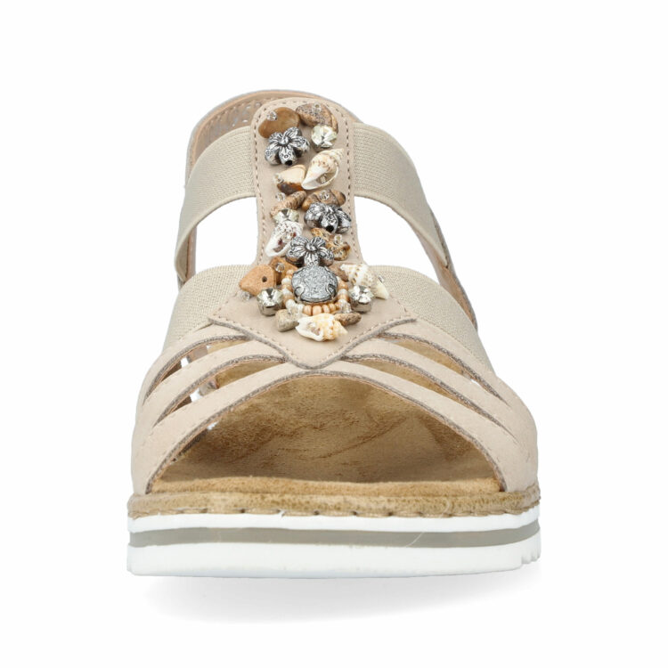 Sandales beiges pour femme de la marque Rieker. Référence : V0649-62 Ginger. Disponible chez Chauss'Family magasin de chaussures à Issoire.