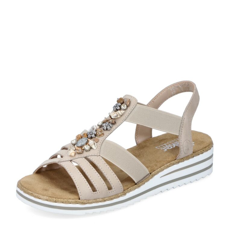 Sandales beiges pour femme de la marque Rieker. Référence : V0649-62 Ginger. Disponible chez Chauss'Family magasin de chaussures à Issoire.