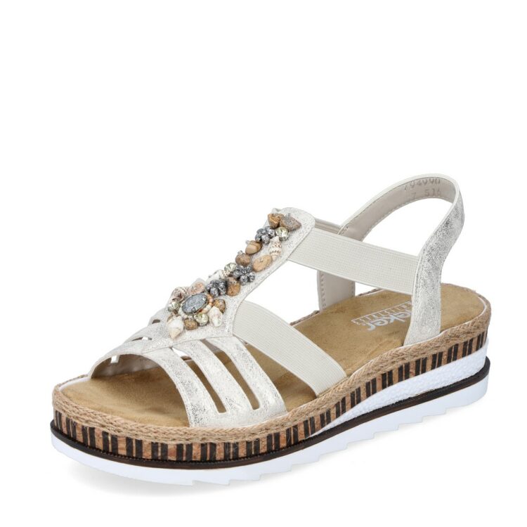 Sandales beiges pour femme de la marque Rieker. Référence : V7949-90 Beige gold. Disponible chez Chauss'Family magasin de chaussures à Issoire.