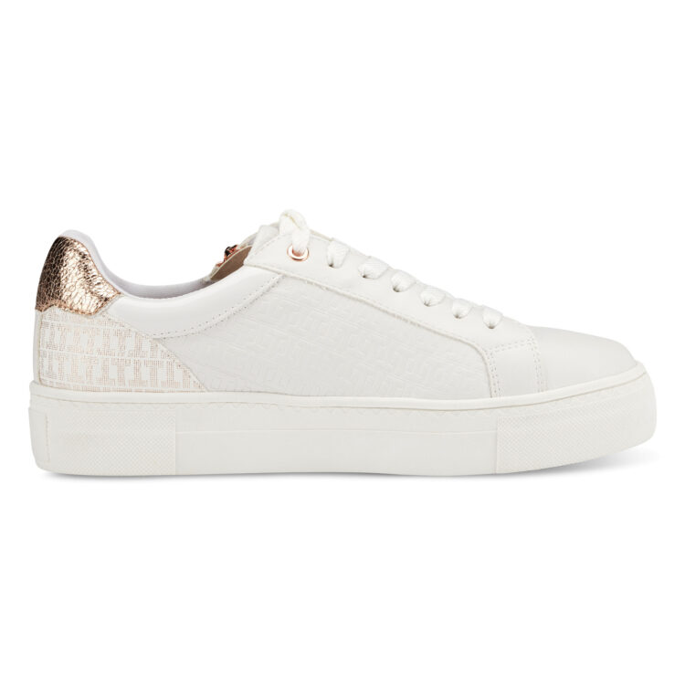 Sneakers blanches de la marque Tamaris. Référence 23313-20 196 Wht/rosegold. Disponible chez Chauss'Family magasin de chaussures à Issoire.