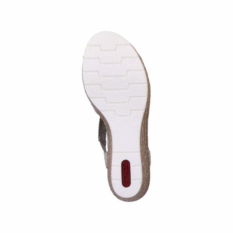 Sandales compensées pour femme de la marque Rieker. Référence : 61916-91 Rose Metallic. Disponible chez Chauss'Family magasin de chaussures à Issoire.