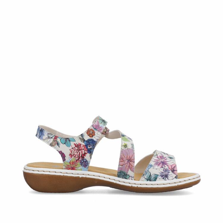 Sandales multicolores pour femme de la marque Rieker. Référence : 659C7-92 Weiss Multi. Disponible chez Chauss'Family magasin de chaussures à Issoire.