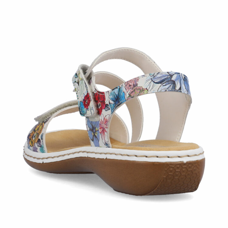 Sandales multicolores pour femme de la marque Rieker. Référence : 659C7-92 Weiss Multi. Disponible chez Chauss'Family magasin de chaussures à Issoire.