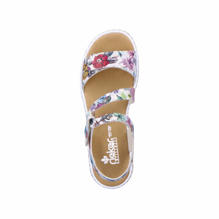 Sandales multicolores pour femme de la marque Rieker. Référence : 659C7-92 Weiss Multi. Disponible chez Chauss'Family magasin de chaussures à Issoire.