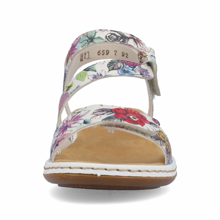 Sandales multicolores pour femme de la marque Rieker. Référence : 659C7-92 Weiss Multi. Disponible chez Chauss'Family magasin de chaussures à Issoire.