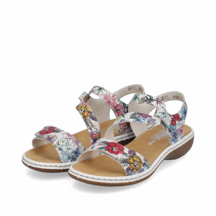 Sandales multicolores pour femme de la marque Rieker. Référence : 659C7-92 Weiss Multi. Disponible chez Chauss'Family magasin de chaussures à Issoire.