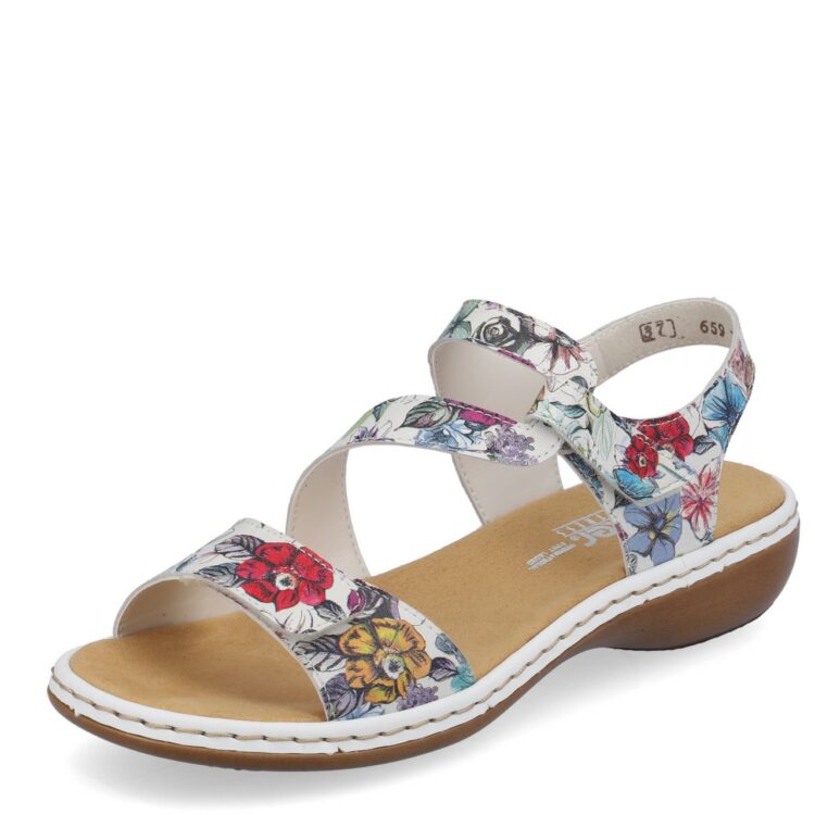 Sandales multicolores pour femme de la marque Rieker. Référence : 659C7-92 Weiss Multi. Disponible chez Chauss'Family magasin de chaussures à Issoire.