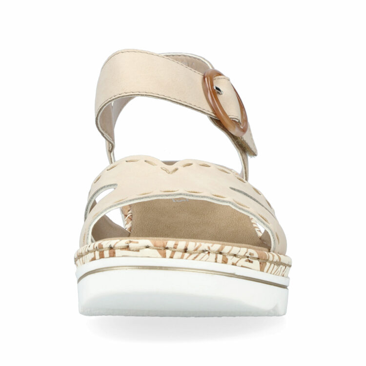 Sandales compensées pour femme de la marque Rieker. Référence : 67173-60 Morelia perle. Disponible chez Chauss'Family magasin de chaussures à Issoire.