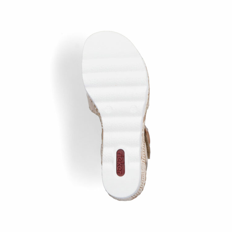 Sandales compensées pour femme de la marque Rieker. Référence : 67173-60 Morelia perle. Disponible chez Chauss'Family magasin de chaussures à Issoire.