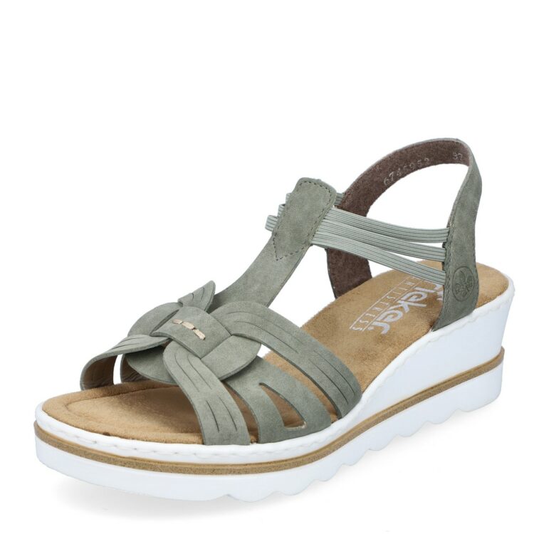 Sandales compensées pour femme de la marque Rieker. Référence : 67459-52 Schilf. Disponible chez Chauss'Family magasin de chaussures à Issoire.