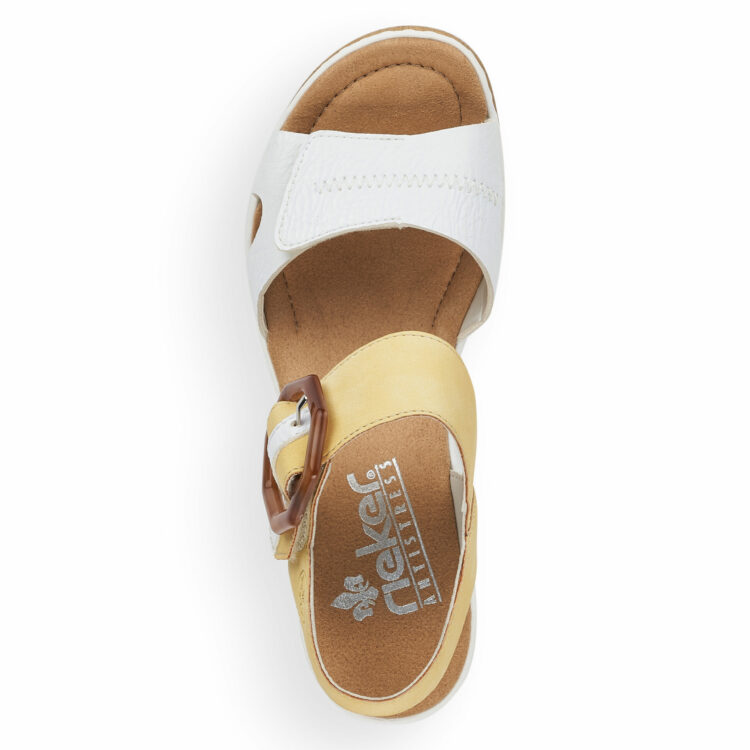 Sandales compensées pour femme de la marque Rieker. Référence : 67476-52 Weiss Sun. Disponible chez Chauss'Family magasin de chaussures à Issoire.